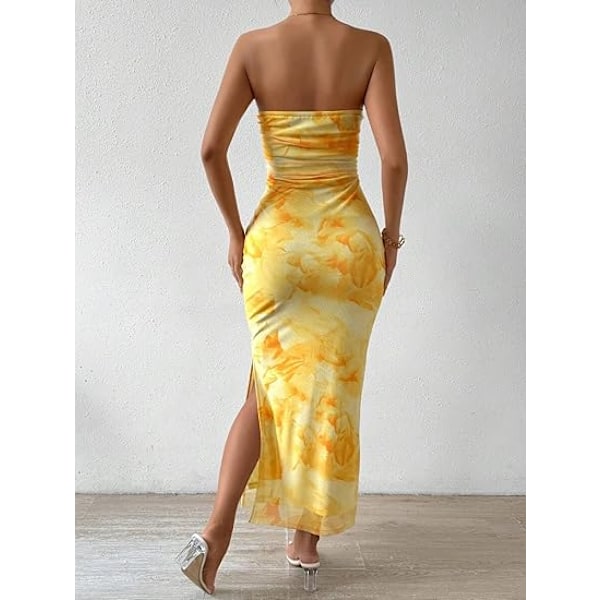 Sommerkjole til kvinder med print, stropløs tube top kjole, bodycon maxikjole med sideslids og lag af mesh M