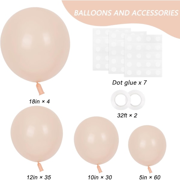 129 stk. Pastelloransje ballonger i latex, ferskenballonger i forskjellige størrelser, 18, 12, 10, 5 tommer, blek oransje ballongbue til festdekorasjon, bursdag, generelt Pastel Orange