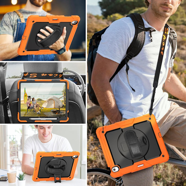 Skal för iPad Air 11 tum (M2 2024), Stötsäker Design med Pennhållare/Skärmskydd/Roterande Handrem, Skyddande Fodral för Orange New iPad Pro 11 2024