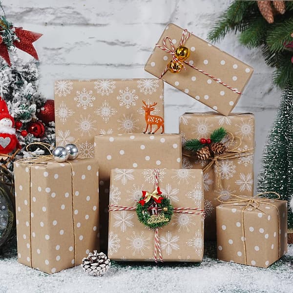 Vändbar Brun Kraft Julklappspapper Rulle 17\"x33Ft Snöflinga Prickig brown
