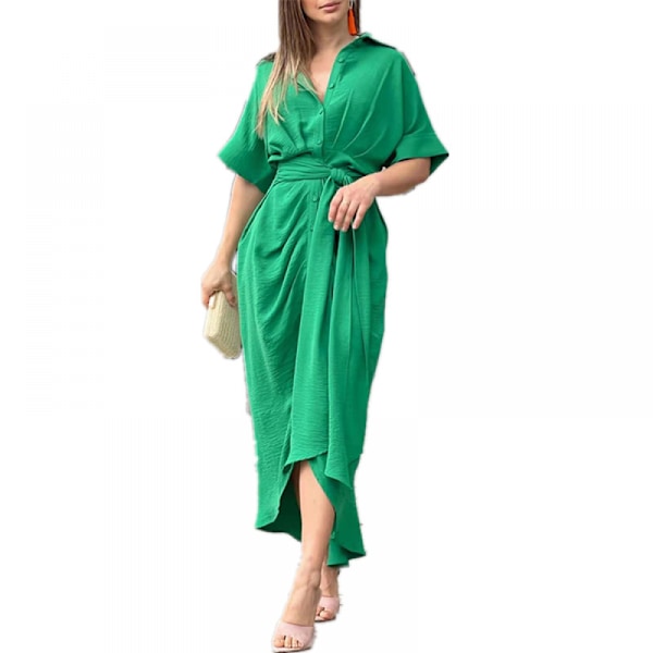 Ditsy Tie Front Button Up Boho Midi Tshirt Klänningar (Grön L)