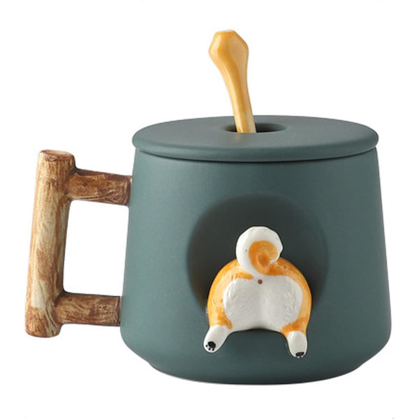 Sød Hundepar Kop, Keramik Kaffe Kopsæt med Låg, Søde Poter på Skeen, Sød Shiba Inu Tredimensionelt Design, med Mat Tekstur Green Tail