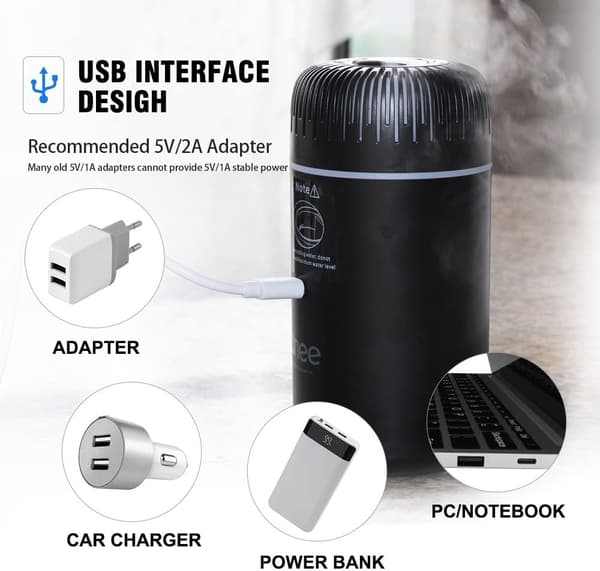100 ml USB Mini Bildiffuser – 3-i-1 Aromaterapi, Luftfugter og Luftfrisker til Æteriske Olier (Bærbar Bil-/Hjemmebrug) Black