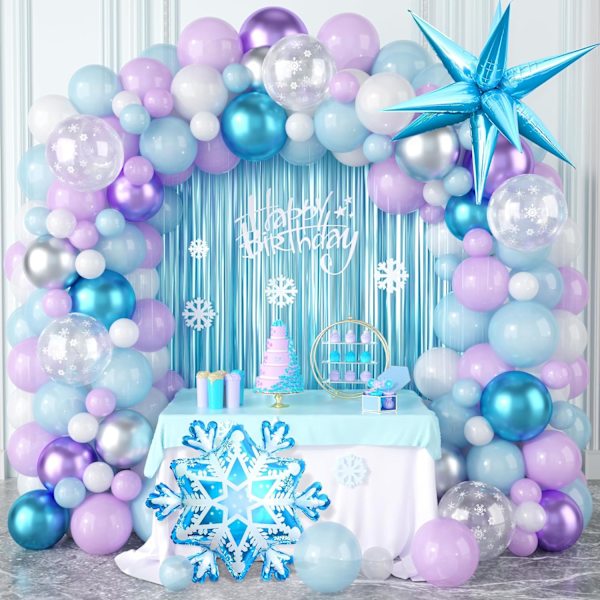 Jäädytetty ilmapallokaaripaketti, lumihiutale helmi sininen violetti metallinen violetti sininen hopea ja valkoiset ilmapallot talvi ihmemaa joulu vauvanäyttelyyn Purple Blue Silver Snowflake