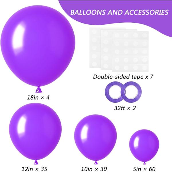 129 stk. Lilla Balloner Forskellige Størrelser 18 12 10 5 Tommer til Garland Arch Premium Lilla Latex Balloner til Maskerade Fest Dekorationer Fødselsdag Jubilæum Purple