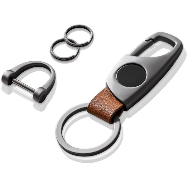 Karabinhage nøglering, nøgleringe til bilnøgle med 2 nøgleringe og anti-tabt D-ring, multifunktionelle nøgleringe til mænd og kvinder - Grå (brun læder) Grey Brown Leather