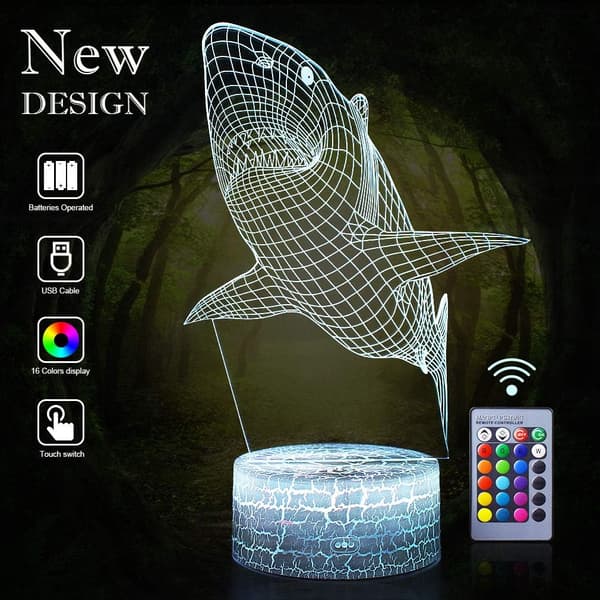 Shark Nattlampe 3D Effekt LED Lys 16 Farger Endring Fjernkontroll