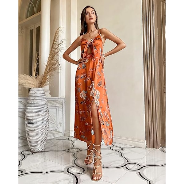 Fashionme Dame Spaghetti Strop Midi Satin Kjoler Sløjfe Front Rygløs Slids Hul Kjole L