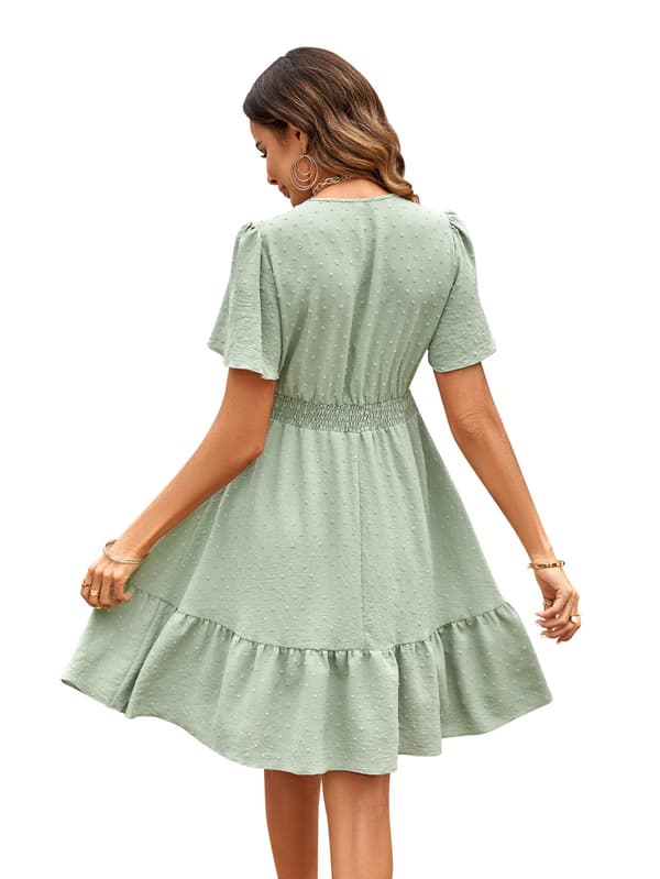 Elastisk midje Swing Ruffle A-linje Midi Kjole (Lysegrønn S)
