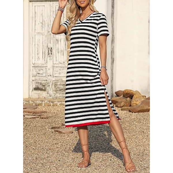 Sommerkjole Casual Dame Mode Kortærmet Maxikjole T-shirt Kjole Stribet Lang Farveblok Maxikjole XL
