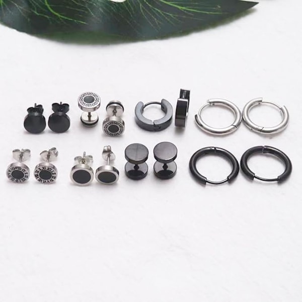 8 Par Sorte Herre Øreringe Stikker, Rustfrit Stål Øreringe til Mænd Sæt Cool Aretes Para Hombre Herre Øreringe Kirurgisk Stål Øreringe