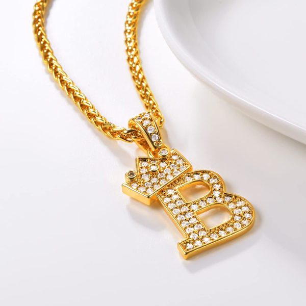 Krone Initial A-Z Halskæde, Iced Out Bogstav Vedhæng med 22-24 Tommer Kæde, Mænd Kvinder Bling Hip Hop Alfabet Navn Smykker Gave Store Initialer Halskæder B 18K Gold
