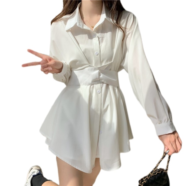 Belted Button up Collar Summer Short Shirt Dress(White)