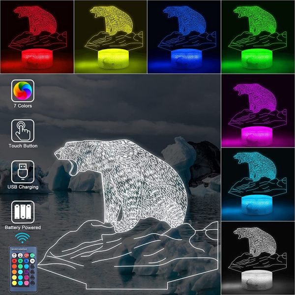 3D Isbjörn Nattlampa för barn, 3D LED Illusion Lampa med