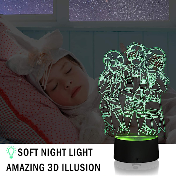 3D Illusion Attack On Titan Natlys, Bordlampe USB-drevet 7 Farver LED Natlys med Smart Touch Ideel til Japansk Anime Børn Fans Gave Roo