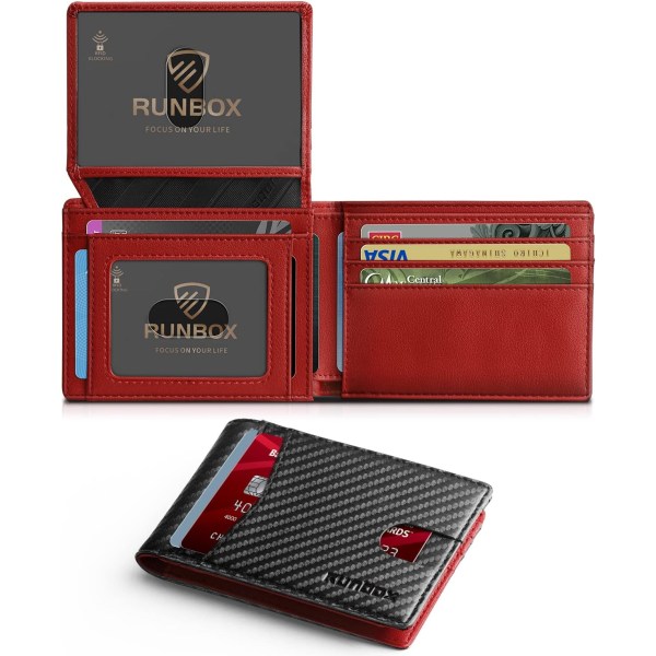 Röda plånböcker för män Slim Rfid Läder 2 ID-fönster med presentförpackning Carbon black,red