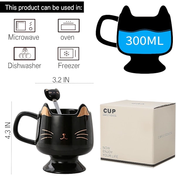 Sød Kattekrus til Katteelskere - Keramisk Kaffekrus med Ske, Perfekt til Katteglade Piger og Valentinsdags Krus Gaver Black