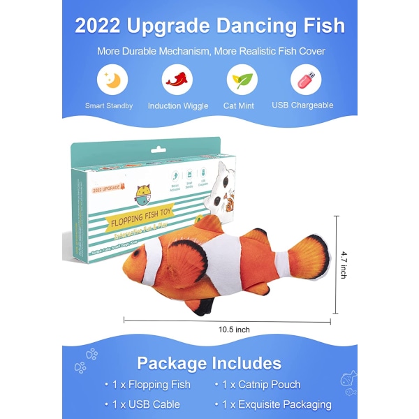Floppande fisk 10,5\", Uppgraderad för 2022, Rörlig kattkicker till