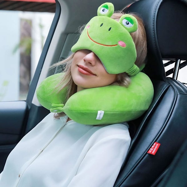 Muistivaahtoinen eläinmatkatyyny, mukava niskatyyny söpöllä silmänaamiolla, kevyt matkatyyny lentokoneeseen, autoon, junaan, bussiin ja kotikäyttöön Frog
