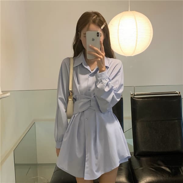 riped Belted Button up Collar Summer Short Shirt Dress(Blå)