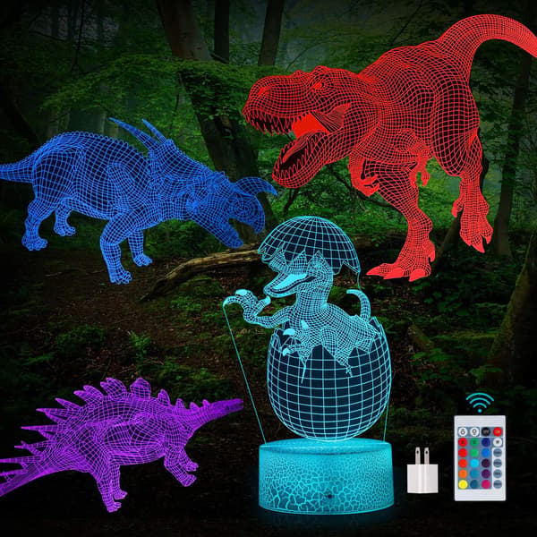 3D Dinosaur Natlampe, 3D Illusionslampe Natlys 4-Patte