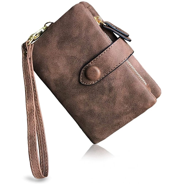 Womens Small Bifold Leather Wallets Rfid Ladies Wristlet with Card slots id window Zipper Coin Purse---Brown