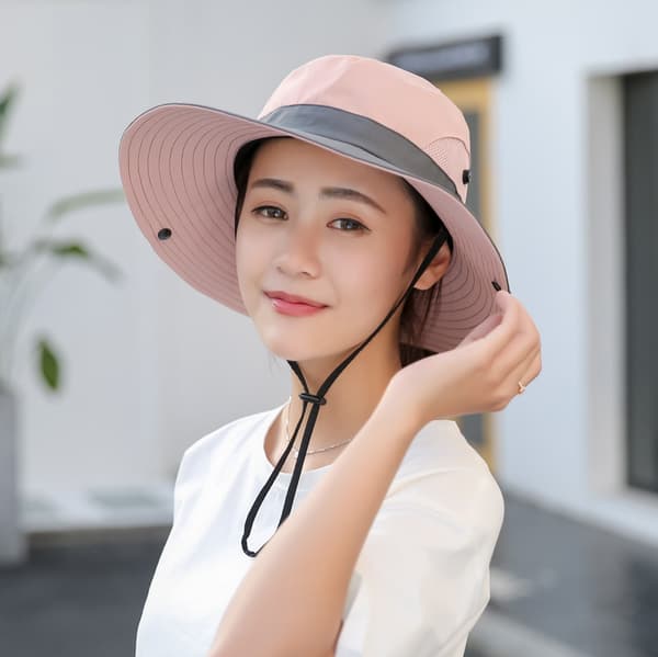Dam sommar solhatt med hästsvans UV-skydd bred brätte vikbar Pink