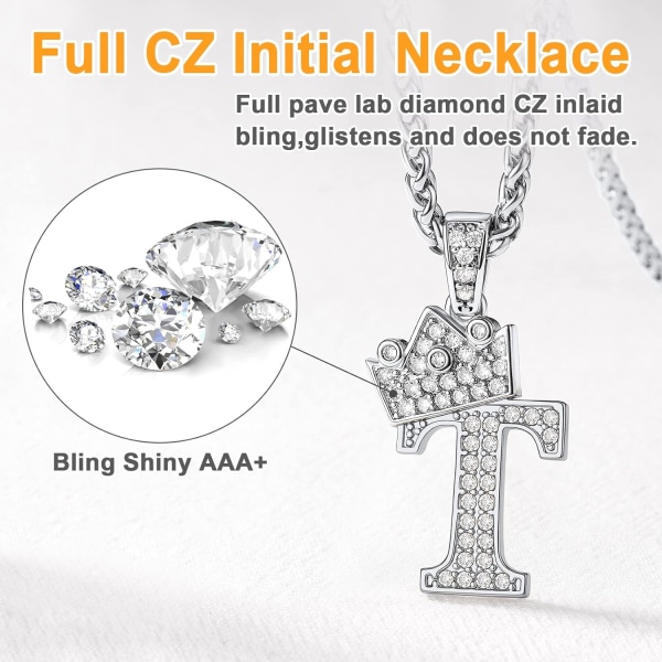 Krone Initial A-Z Halskjede, Iced Out Bokstavanheng med 22-24 Tommers Kjede, Menn Kvinner Bling Hip Hop Alfabet Navn Smykker Gave Store Initialer Halskjeder T Silver