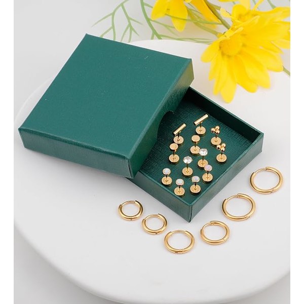 Kirurgiskt stål örhängen för kvinnor män 20 Gauge Hoop Stud Örhängen Set för flera piercingar CZ Boll Nap Örhängen Platt Baksida Hypoallergena Golden