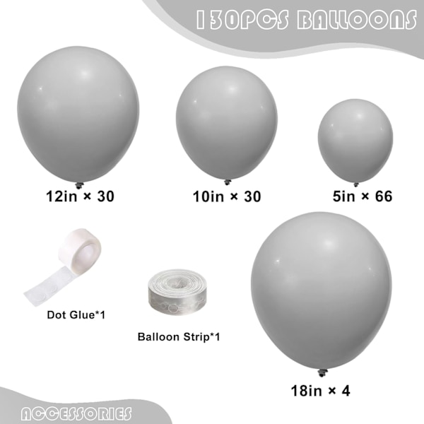 130 stk. Pastelgrå balloner i forskellige størrelser 18\" 12\" 10\" 5\" Ballonbue guirlande sæt perfekt til fødselsdagsfest, dimission, babyshower, bryllup, dekoration Pastel Gray