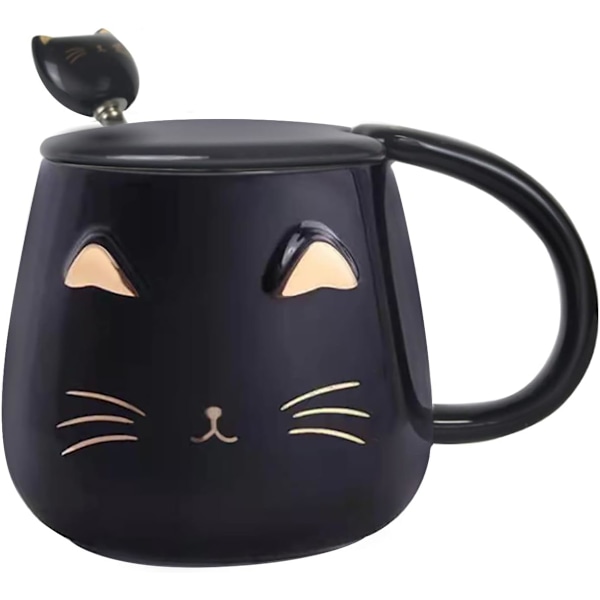 Katt Krus Søt Kaffekrus gave til katteelskere Keramisk Kopp, Nyhet Krus med Lokk og Rustfritt Stål Skje, Jule Bursdagsgaver P Black