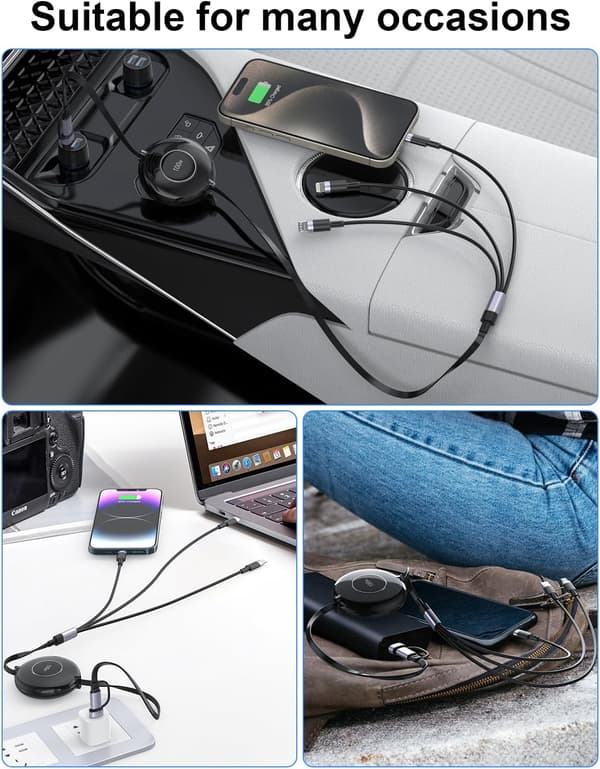3-i-1 Multi-opladerkabel, Trækbart iPhone-oplader, 100W Hurtigopladning USB-C/A til Lightning/USB-C/Micro USB Telefonopladerkabel Black
