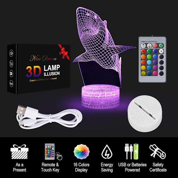 Nice Dream Haj Shark 3D Optisk Illusion Lampe, 3D Natlys til Børn