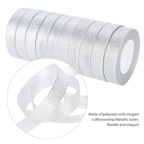 10 rullar glitter satinband polyester presentförpackning bröllopsdekoration festtillbehör silver