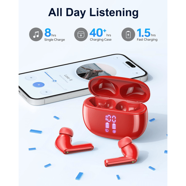 Langattomat nappikuulokkeet Bluetooth-kuulokkeet, 40 tunnin toistoaika Stereo IPX5 vedenpitävät nappikuulokkeet, LED-virranäyttö Langattomat nappikuulokkeet mikrofonilla Red