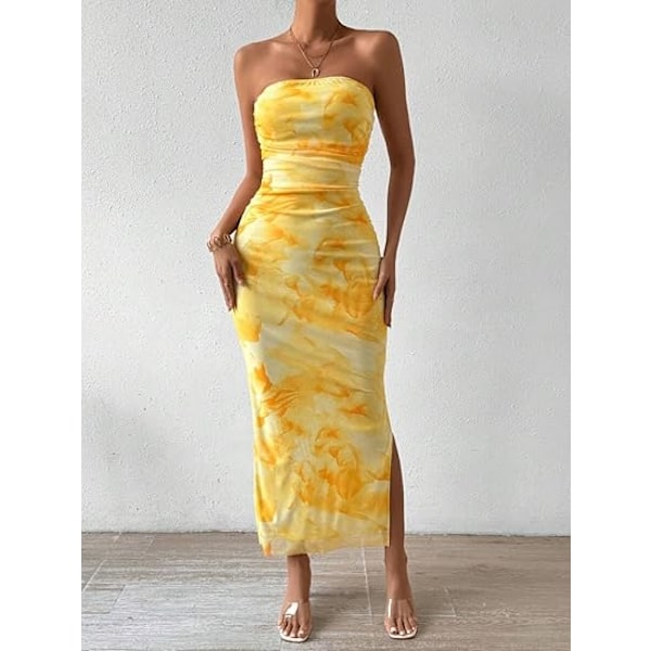 Sommerkjole til kvinder med print, stropløs tube top kjole, bodycon maxikjole med sideslids og lag af mesh M