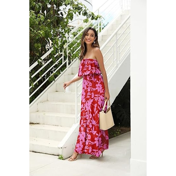 Dam Sommar Off Shoulder Maxiklänning Volang Axelbandslös Blå Vit Porslin Boho Ledig Lång Klänning L