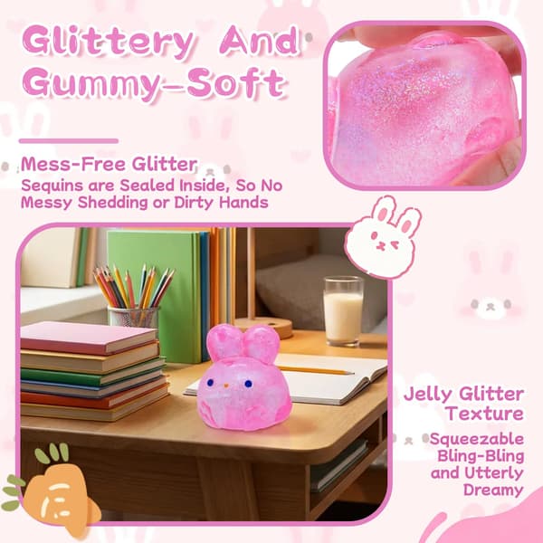 Lyserød Glitter Kanin Squishy Legetøj, Blød Sensorisk Stressaflastende Bold til Børn og Voksne mod Angst pink