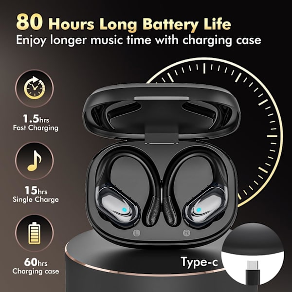 Langattomat nappikuulokkeet Bluetooth-kuulokkeet 80 tunnin toistoaika Kuulokkeet IPX7 Vedenpitävä ja virranäyttö ENC-kohinanvaimennusmikrofoni Korvan yli Stereo Bass-kuulokkeet Black