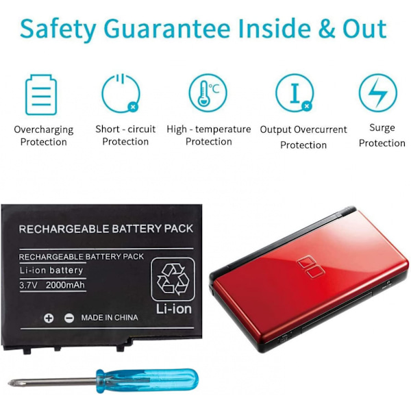 2000mAh 3,7V Uppladdningsbart Litiumjonbatteri + Verktygssats Kompatibel med Nintendo DSL NDS Lite