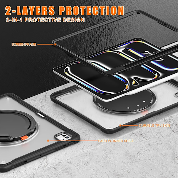 iPad Pro 11 tommer Deksel 2024 M4 Chip Lett Dobbeltlags Beskyttende Nettbrettdeksel, Slitesterke Sh0ck-Absorberende Hjørner med 360° Rotasjon Black iPad pro11 2024