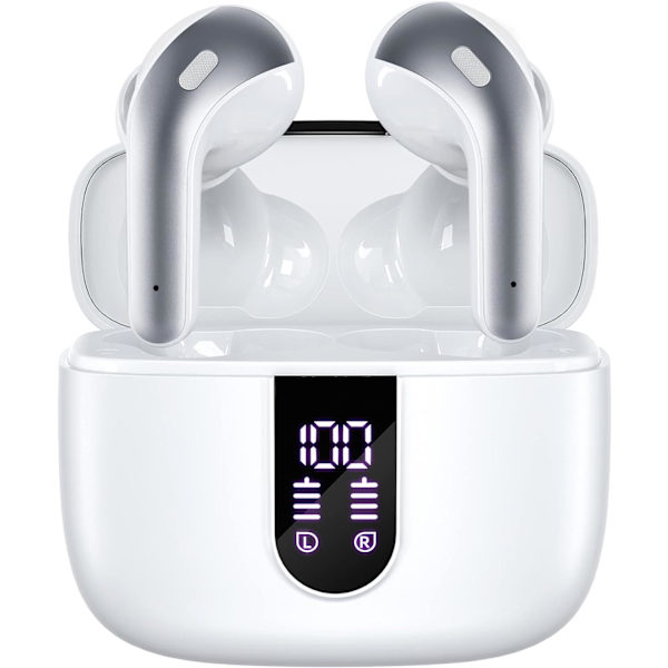 Bluetooth-kuulokkeet True Wireless -nappikuulokkeet 60 tunnin toistoaika LED-virranäyttö Kuulokkeet langattomalla latauskotelolla IPX5-vedenpitävät korvanappikuulokkeet M:llä White
