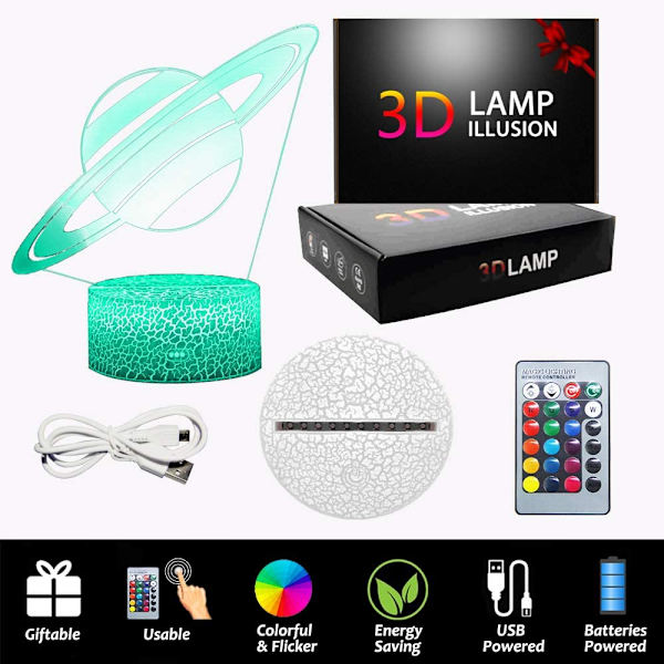 3D Planet Saturn Natlamper Stjerne Optisk Illusion Lamper Re