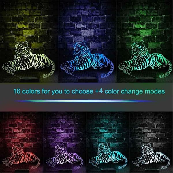 Julegave Tiger 3D Illusion Lampe Natlys, 16 Farver