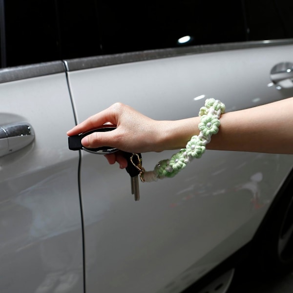 Macrame nyckelring handgjord handledsrem nyckel handledsband för nycklar söt blomma nyckelring nyckelring för kvinnor Pearl green
