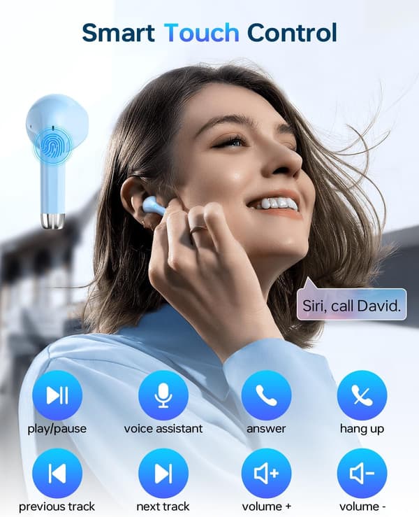 Trådløse ørepropper, Bluetooth 5.3 Hodetelefoner 40 timer spilletid med ladekoffer, IPX5 vanntett stereo ørepropper med mikrofon for iOS Android Blue
