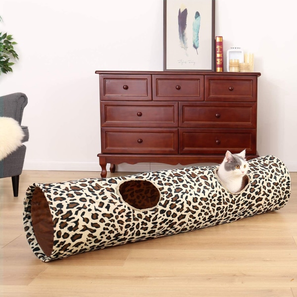 Kattunnel i leopardmönster, hopfällbar kattunnel för katt