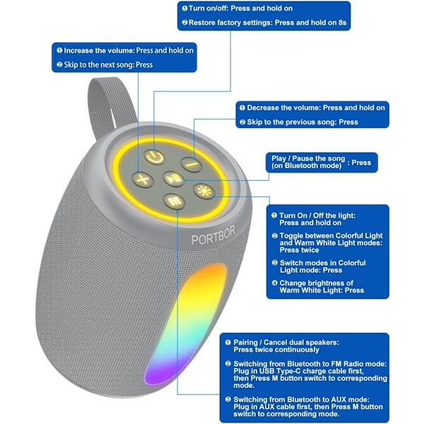 Kannettava Bluetooth-kaiutin, tehokas stereoääni, pieni langaton kaiutin valoilla, IPX5-vesitiivis, BT5.3 AUX-tulolla, TWS Pai Silver Gray