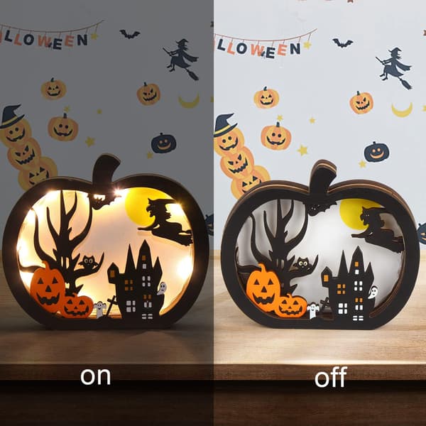 2 st träbelysta pumpaspöklampor – Halloween bordsdekorationer med skuggbox
