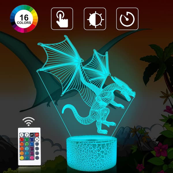 Drage 3D Illusion Lampe, Attivolife Drage Optisk Natlampe